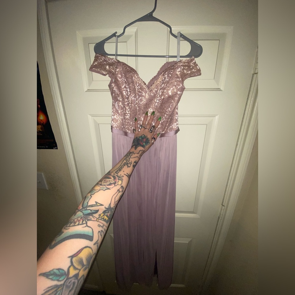 Off the shoulder light pink/rose gold bridesmaids dress davids bridal